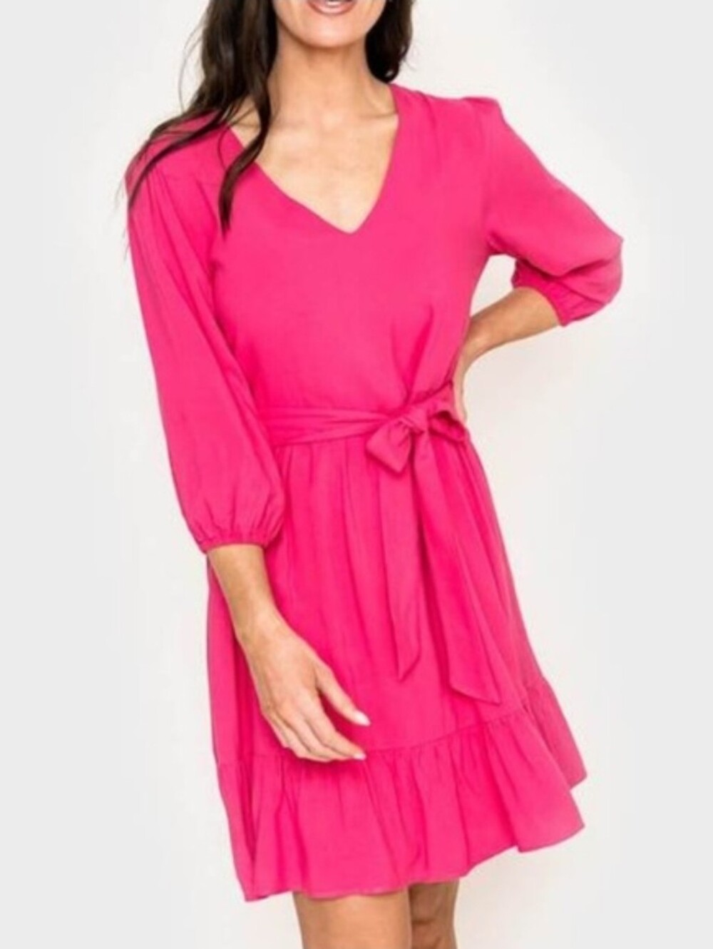 Gibson Gibsonlook Hot Pink V-Neck Tie-Waist Long Sleeve Dress NWT